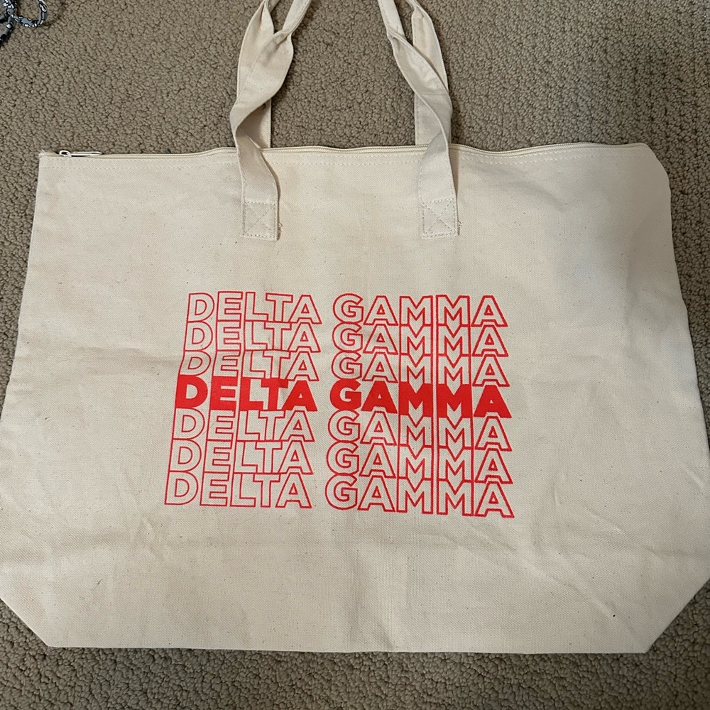 Delta Gamma Canvas Tote Zip Bag - Cream and Red